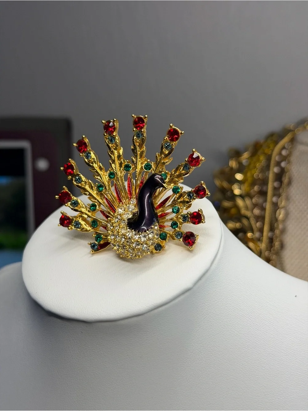 Vintage Signed Peacock Brooch 1.75” Gold Tone Rhinestone Enamel Pin Red Green St